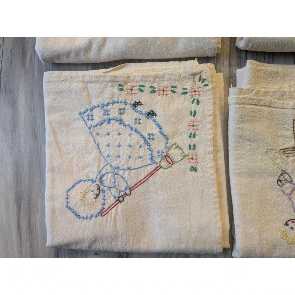 Set of 6 Vintage Hand Embroidered Flour Sack Towels, Days of the Week Linens